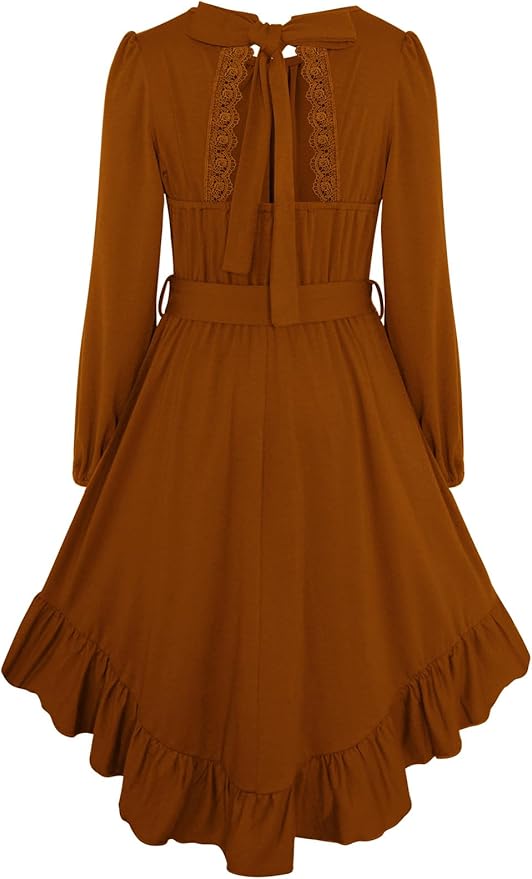 Girls Boho Dress Teen Long Sleeve Lace Backless Tie Back High Low Swing Pocket Dresses with Belt Size 5-16 Years
