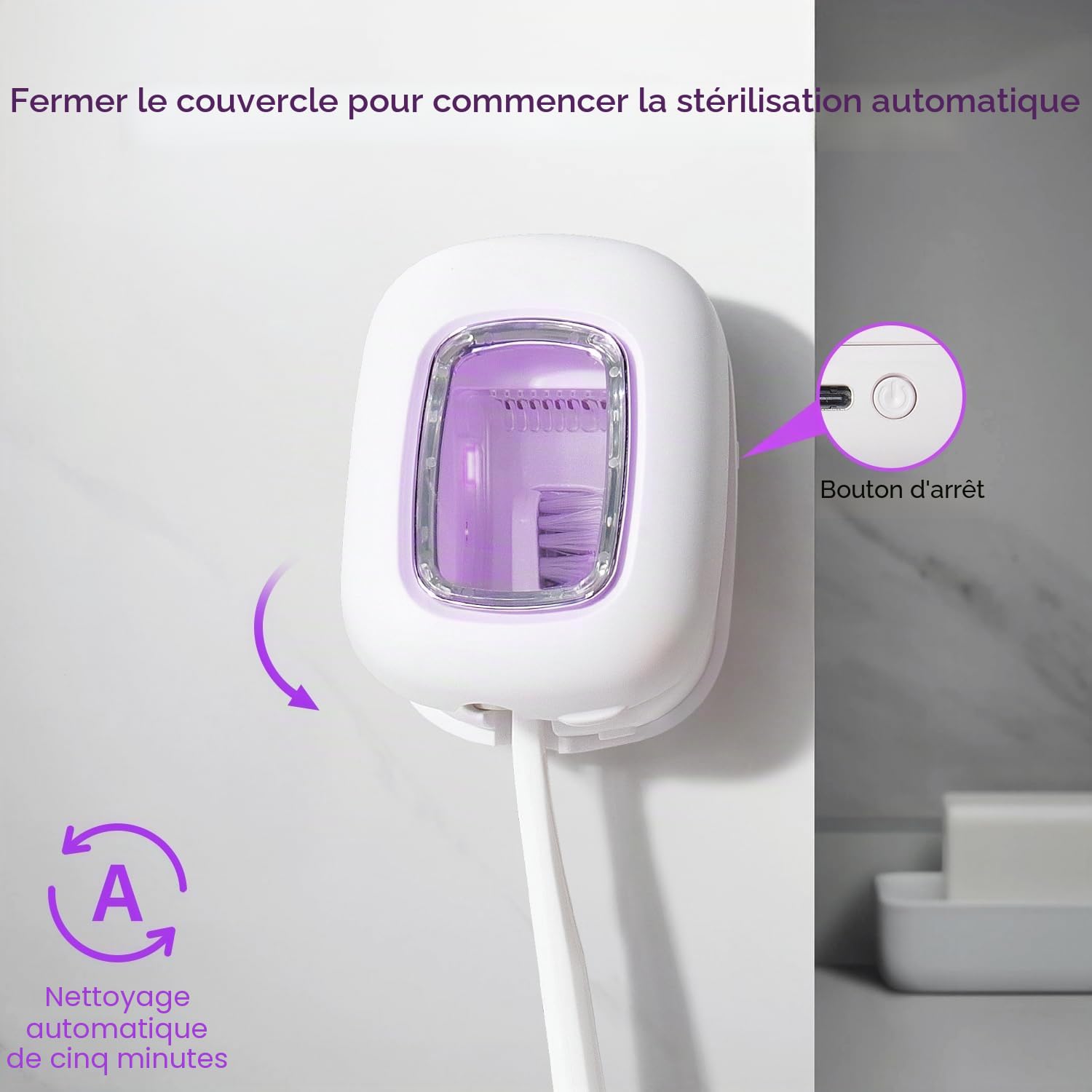 STB-047A Désinfectant pour brosse à dents avec deux lampes LED UVC - 2 × stérilisation pour une brosse plus propre, fenêtre transparente, support mural ou portable en option, s'adapte à la