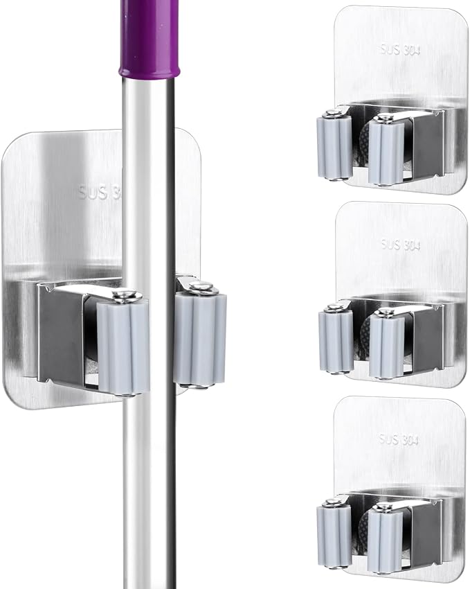 Wall-mounted broom and mop holder for home organisation