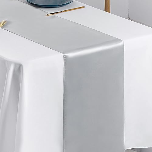 Miniatura 6 de SiinvdaBZX 4 caminos de mesa de satén plateado de 12 x 108 pulgadas de largo, decoración de camino de mesa de boda de satén liso brillante para