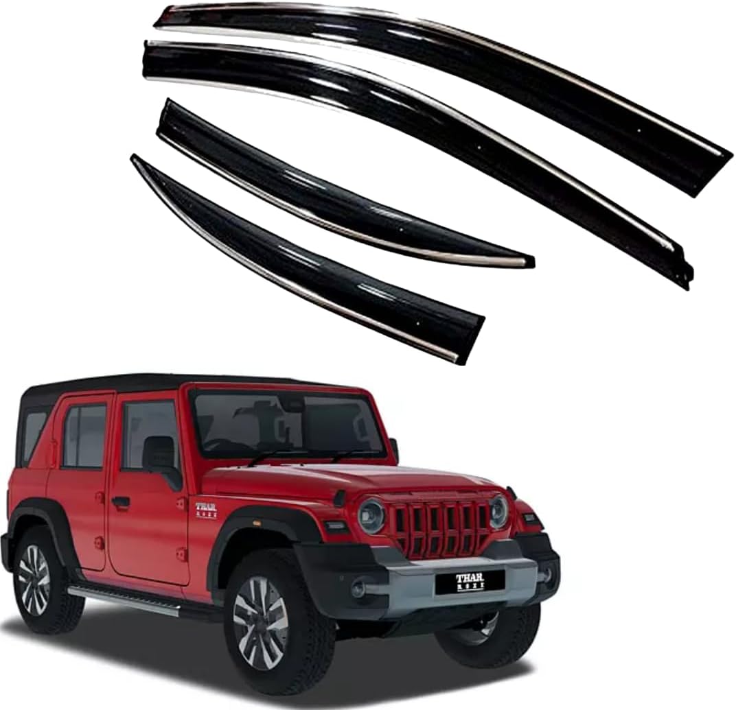 Premium Chromeline & Silverline Unbreakable Car Rear Window Wind Deflectors & Side Door Visor Rain Guard Compatible with (Mahindra Thar Roxx (2024 Onwards))