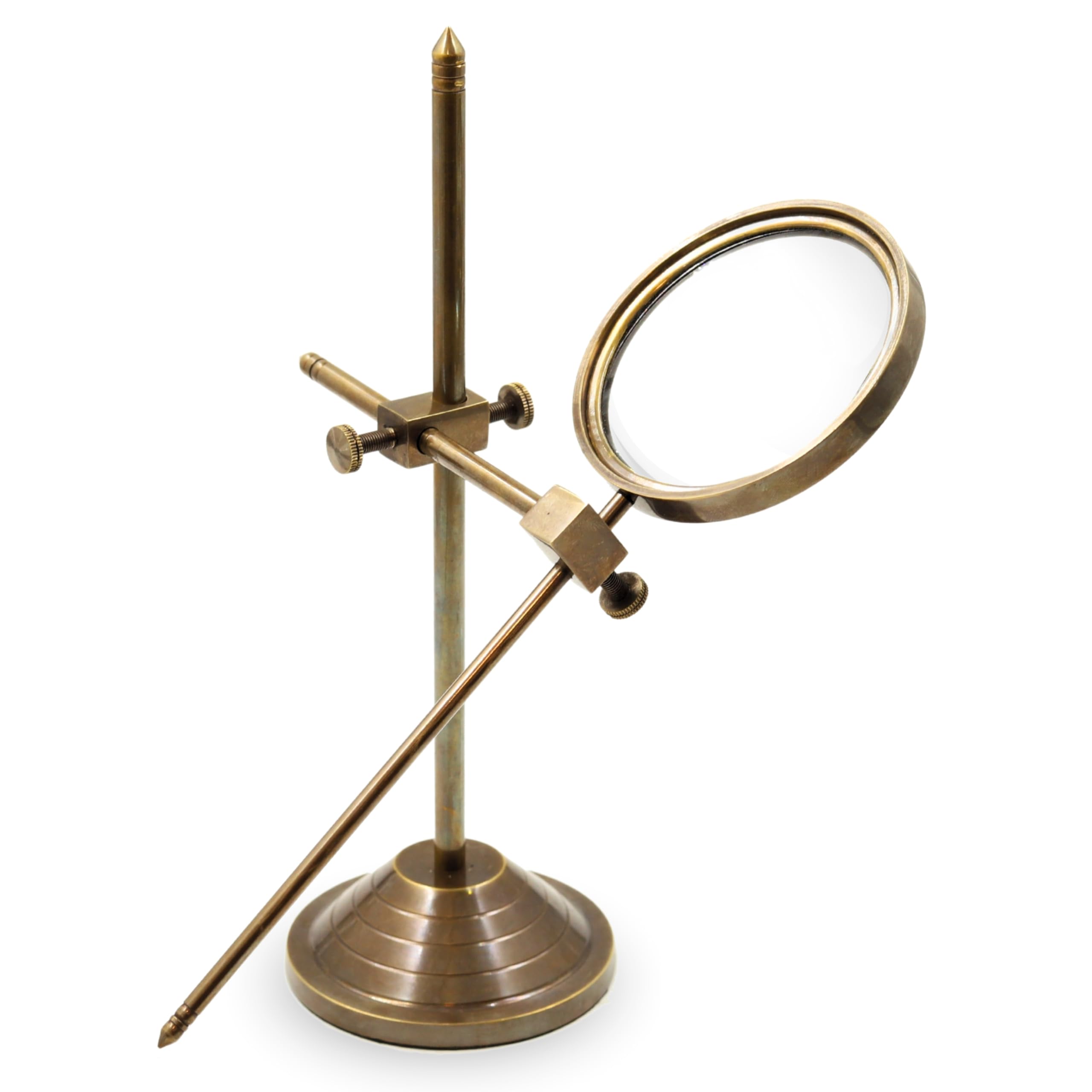 Antique Brass Adjustable Stand Magnifier – Vintage Desktop Magnifying Glass with Protective Base for Reading, Crafts, and Office Décor