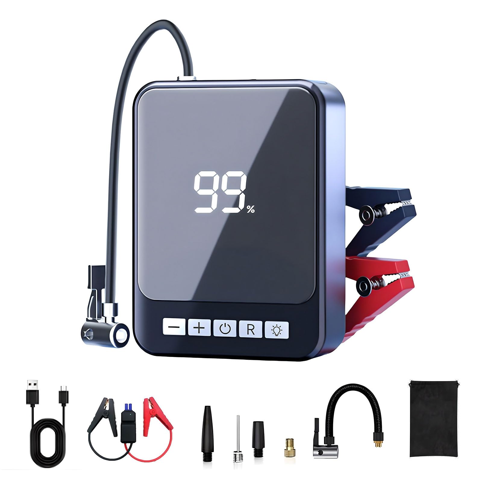 Arrancador de Batería de Coche 1000A con Compresor de Aire 150 PSI -Jump Starter 12V e Inflador de Neumáticos Portátil 60W, Pantalla LCD, Batería Externa y Luz LED SOS para Coche,Moto y Bici