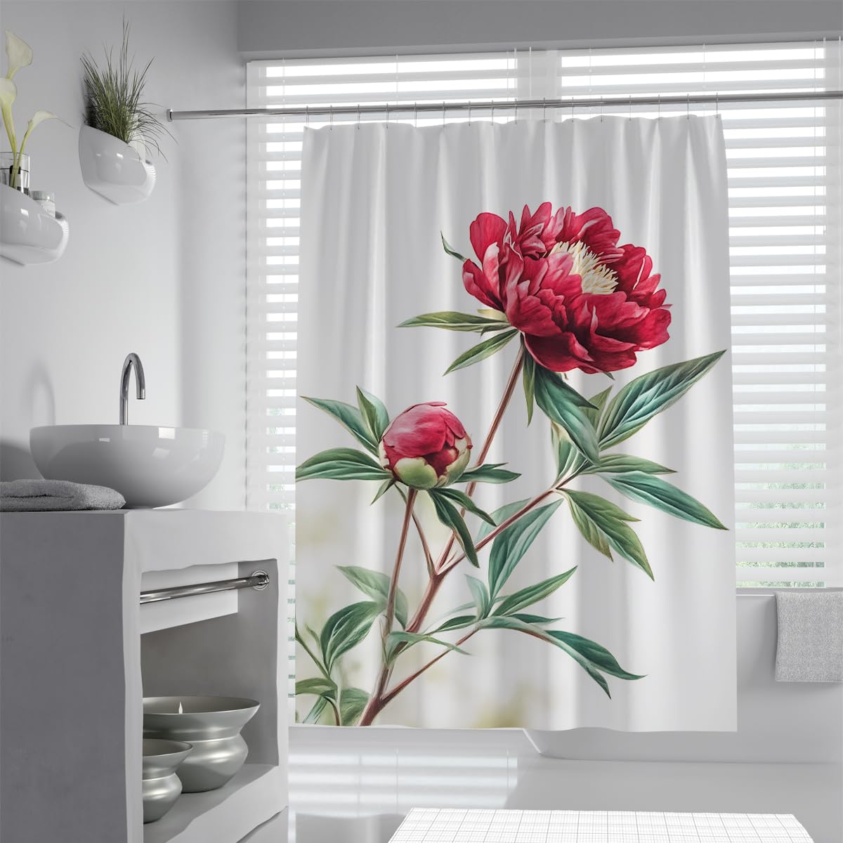 UIRINGART Rich Red Peony Shower Curtain W200xL220cm Floral Print Waterproof Polyester Mildew Resistant Quick Dry Bathroom Decor with Hooks