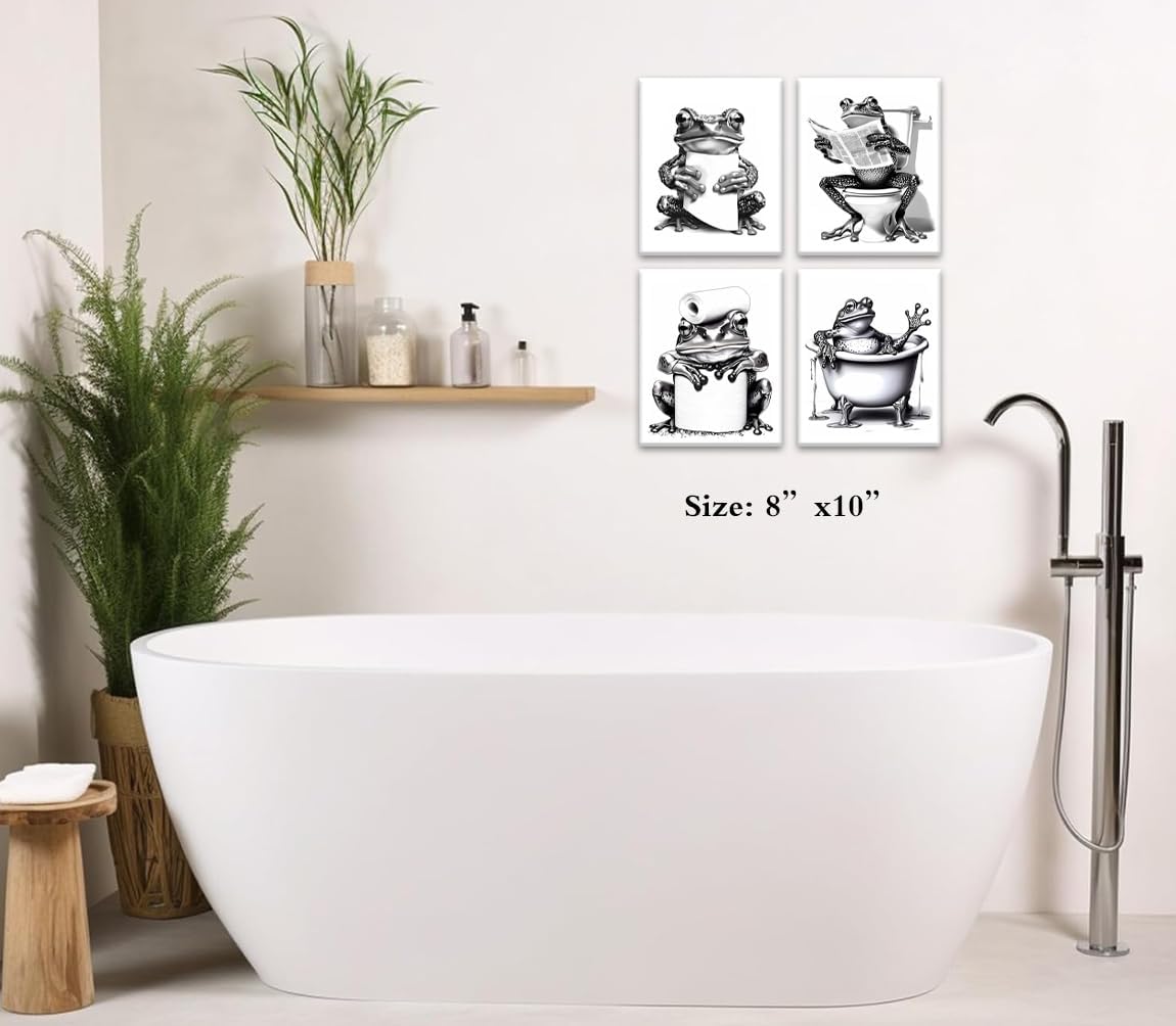 Framed Frog Bathroom Decor Wall Art,Frogs Pictures Wall Decor Frog Wall Art,Animal on Toilet Reading Newspaper Canvas Painting for Bathroom Home Farmhouse Set of 4(8"x10")