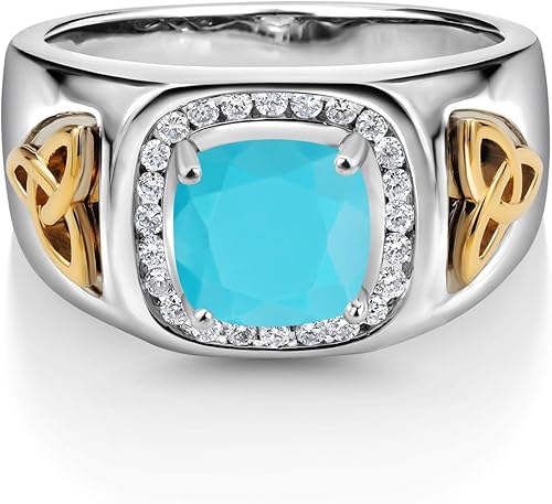 Miniatura 3 de Gem Stone King Anillo de plata de ley 925 y oro amarillo de 10 quilates con diamantes cultivados en laboratorio verde turquesa y blanco (2.26 qttw,