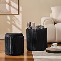 Vista 2 de Juego de 2 Otomanas Redondas con Almacenamiento - Taburete de Tocador de Terciopelo Tapizado para Maquillaje - Otomanas Multifuncionales para Mesa