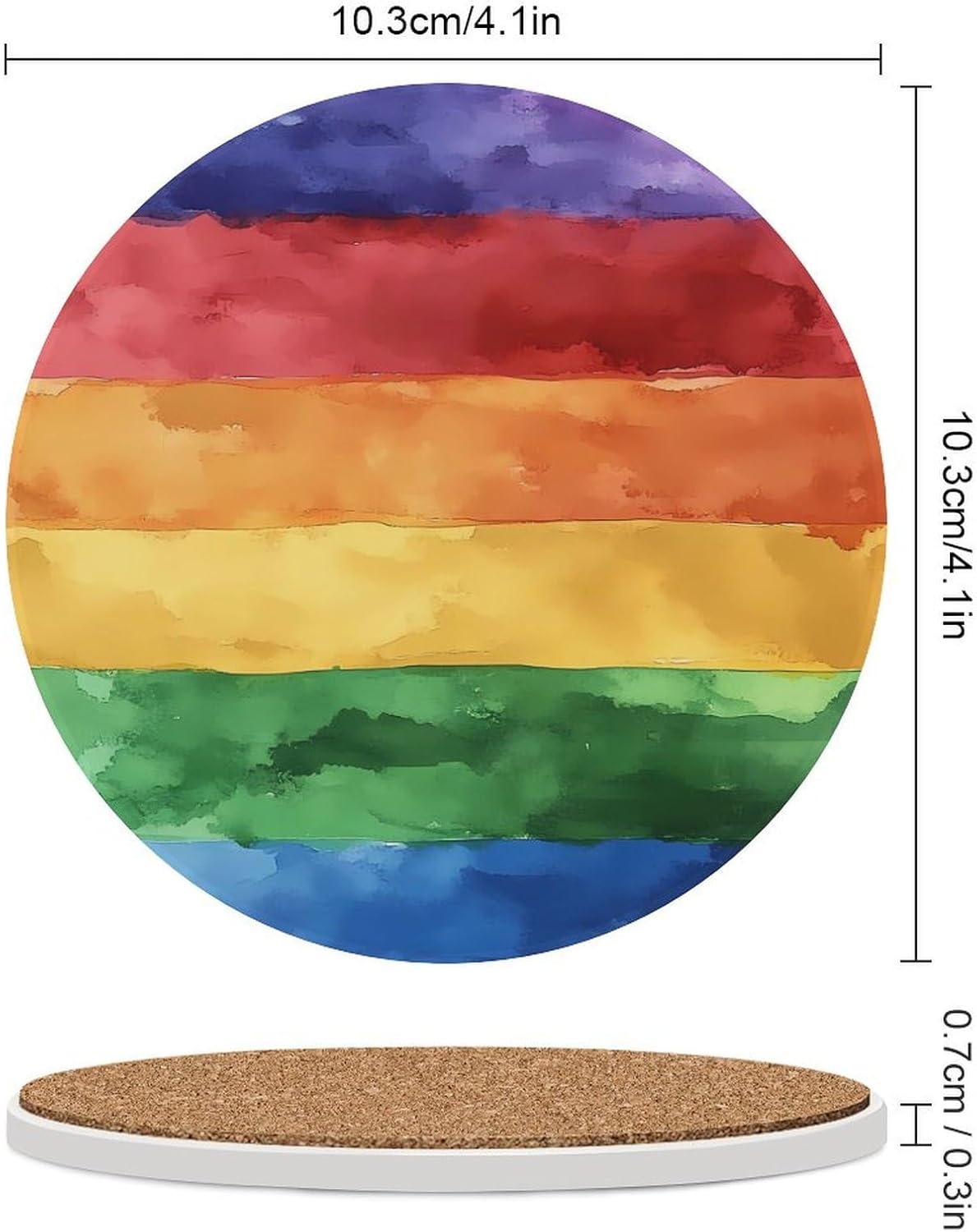Watercolor LGBT Rainbow Flag Round Ceramic Coasters for Drinks Absorbent Cup Holder Tabletop Protector with Cork Base