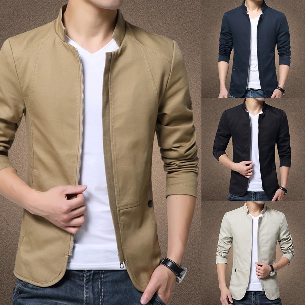Chaqueta de traje formal con cremallera para negocios, con cuello, chaqueta casual para hombre (talla L, azul marino)