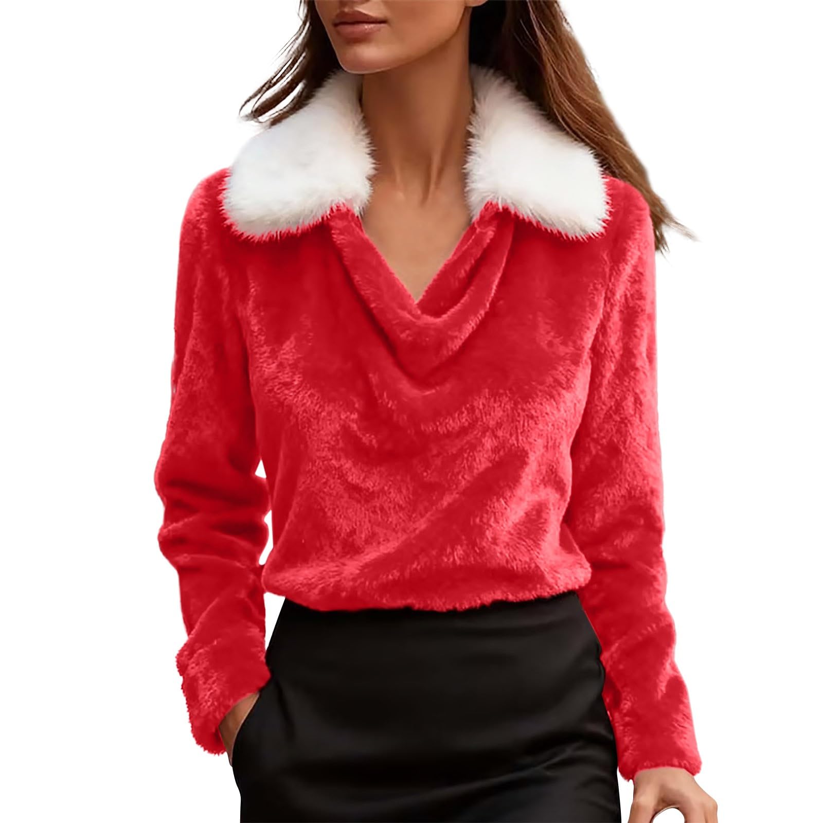 Christmas Sweaters for Women 2025 Funny Ugly Sweater Cute Faux Fur Trim V Neck Xmas Sweatshirts Holiday Tops