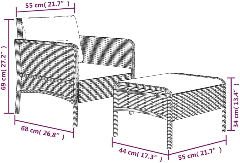 vidaXL Outdoor Lounge Set – Gray Poly Rattan Patio Furniture with Chair and Stool - Dark Gray Removable Cushion - Metal Frame - Industrial Style Home & Garden Decor