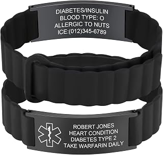 MEALGUET Comfortable Medical ID Bracelet for Men & Women - Custom Engraved Silicone Strap Comfort Fit Medical Alert Bracelets for Sports,Adjustable Waterproof Customizable Wristband for Diabetic