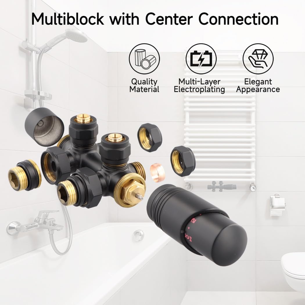 Multiblock-Set für Heizkörper, Mittelanschluss-Ventilblock mit Thermostatregler, Eck- und Durchgangsanschlussstück, Heizungszubehör für Badezimmerheizkörper, 50 mm Anschlussabstand