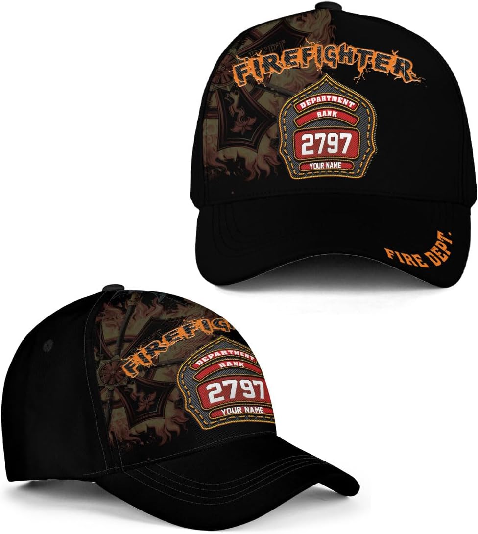 Custom Firefighter Cap, Fireman Flag Hat, Fire Department Officer Gear Uniform Adjustable Baseball Cap Hat, Gifts for Fireman