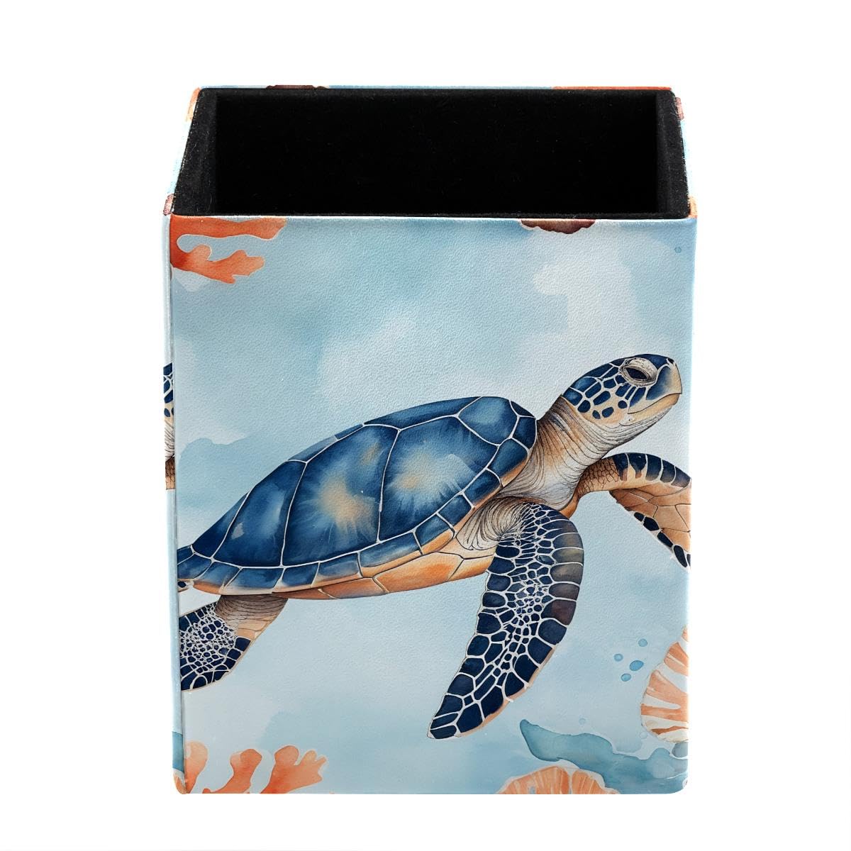 HEOEH Ocean Turtle Pen Holder Pen Pot, Square Pencil Cup for Desk