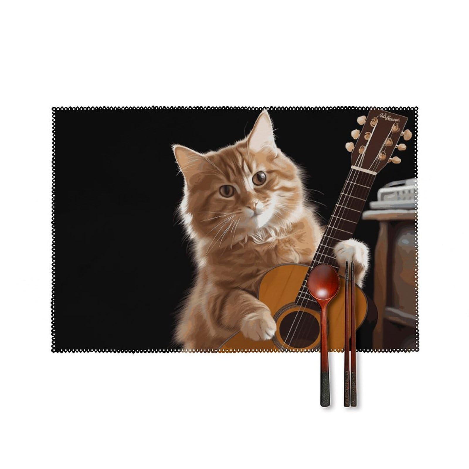 Set de table résistant à la chaleur imperméable en toile motif chat guitare cuisine lot de 6