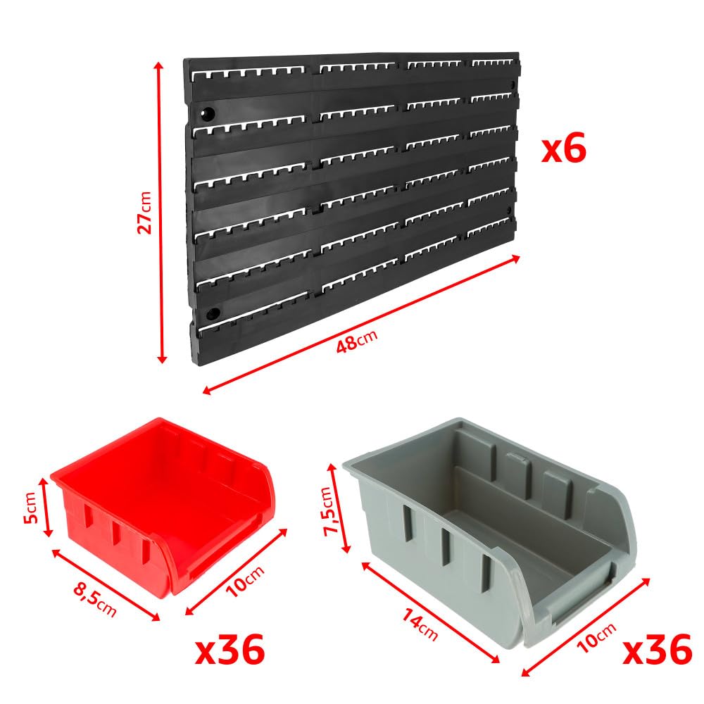 Etagère murale rangement outils - 72 bacs de rangement empilables - 6 panneaux 47,5 X 27,2 X 1,5cm - Rangement Atelier Garage
