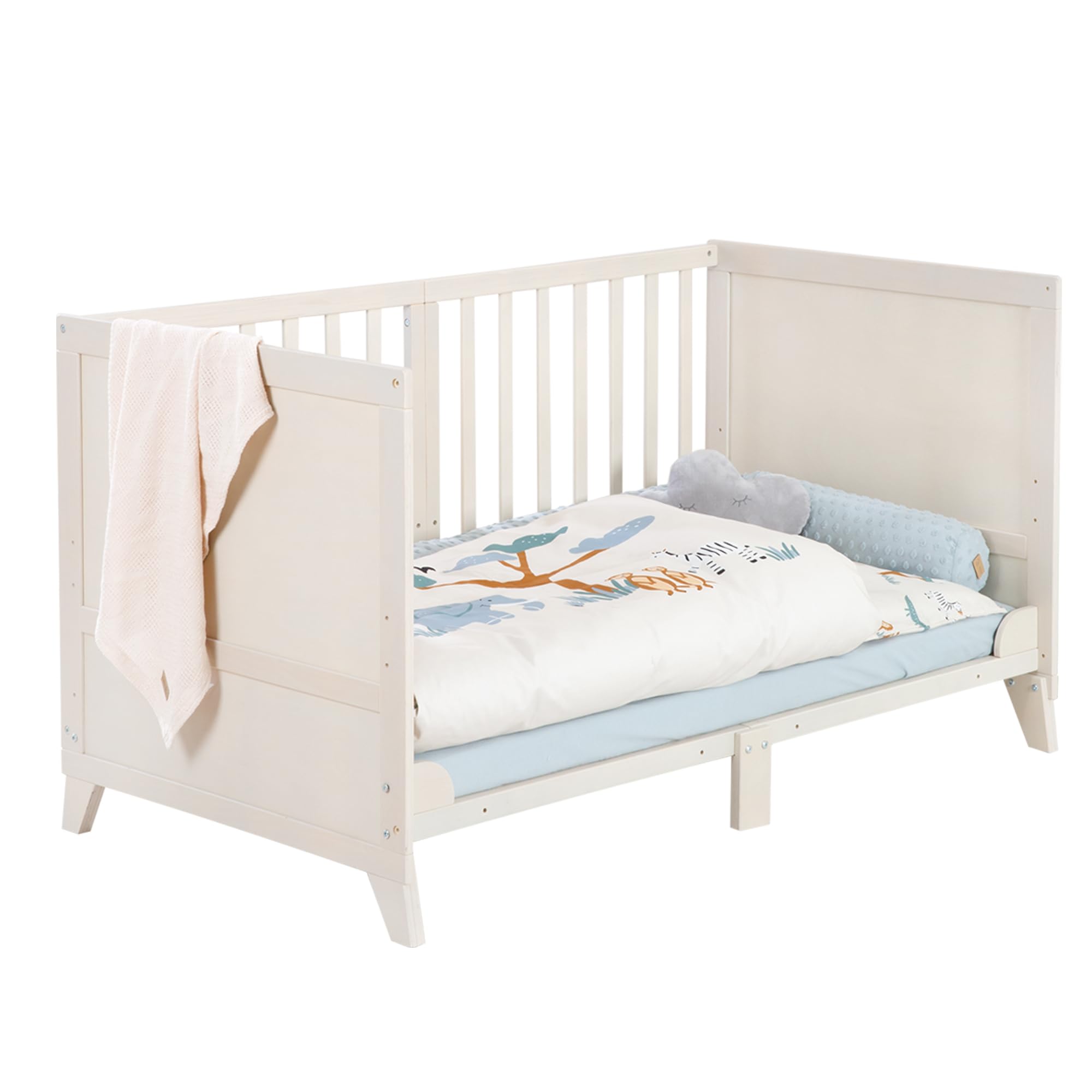 roba Conjunto Completo de Cuna Savanna Friends - Cuna para bebé 70 x 140 cm de Madera Incl. colchón Ropa de Cama Dosel y Barra de Dosel - Evolutiva Desde 6 Meses - Gris Natural