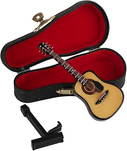 Miniatura 4 de Guitarra miniatura de madera con soporte y estuche, mini instrumento musical, réplica de guitarra acústica, figuras coleccionables, modelo de