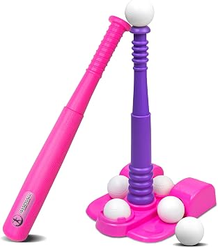 TOMLEON T Ball Stand للبنات 3-5 ، 5-8. تتضمن مجموعة البيسبول 6 كرات كبيرة ، وتي شيرت Tball Batting قابل للتعديل ، وشبكة تخزين. خفاش الأطفال والكرة ، مجموعات T-Ball للأطفال