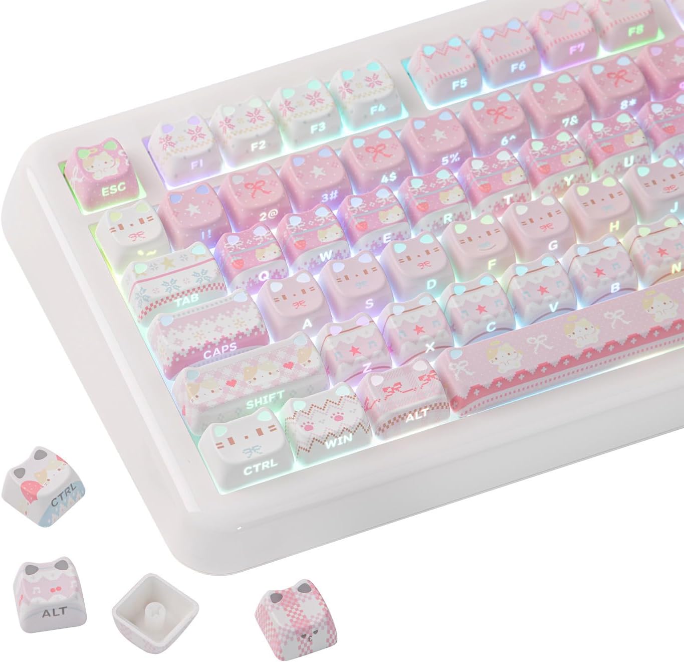 KiiBOOM ピンク・ニャー キーキャップセット MAOプロファイルかわいい猫柄キーキャップメカニカルキーボード用 ABS+PCダブルショット成形カスタムキーキャップ 113キー 60%