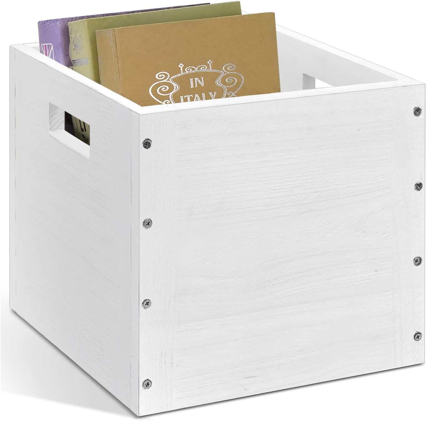 Wood Decorative Storage Cube Boxes with Handles, Rustic