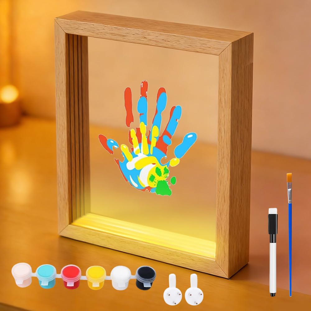 KBIBCK Familien Handabdruck Set mit LED Nachtleuchte, Fußabdruck Baby Newborn Baby Fussabdruck Set mit 4 PS-Platten, handabdruck set für paare,Ungiftige Farben, Holzrahmen Zum Basteln für Geschenk