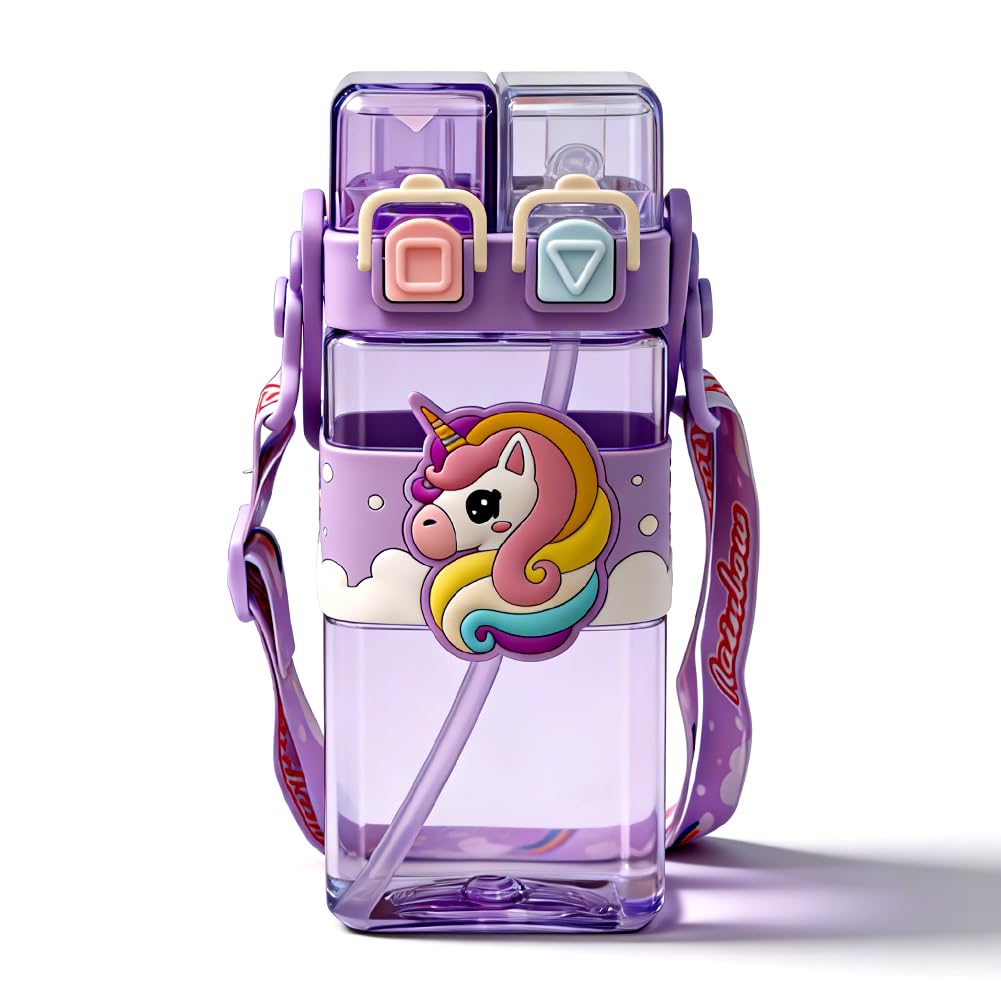 WFKKMEQ Unicorn Water Bottle with Straw, Unicorn Drinking Bottle Water Bottle Capacity Plastic Bottles Adjustable Strap Double Drinking Leakproof Sports Bottles for Travel School (520ML) Accessories