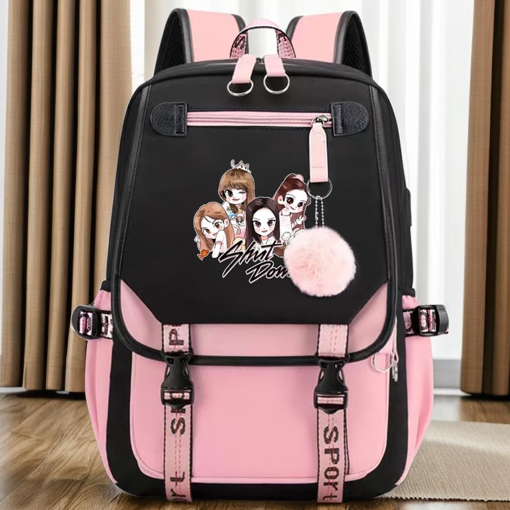 USB Black Backpack Pink Shut Down Korean Casual Backpack Daypack Laptop Bag College Bag ( B1 ) - Image 3