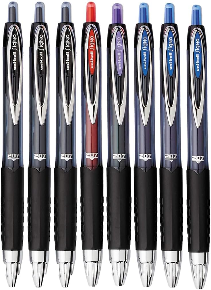 Signo 207 Roller Ball Retractable Gel Pens, Medium Point (0.7mm), Black Blue Red And Purple Ink, 8 Count, Bundle with Plastic Reusable Pouch