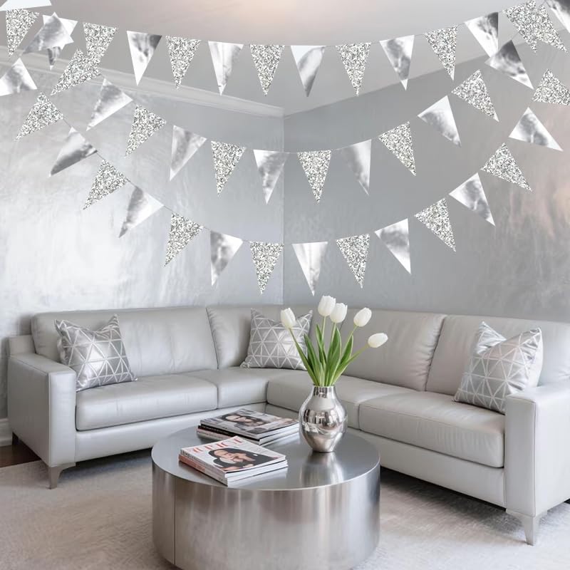Image of Silver Hanging Triangle Flag Pennant Garland Silver Hanging Paper Pennant Streamer Paper Triangle Flag Bunting Banner for Graduation Wedding Engagement Birthday Party Decorations 30 Feet