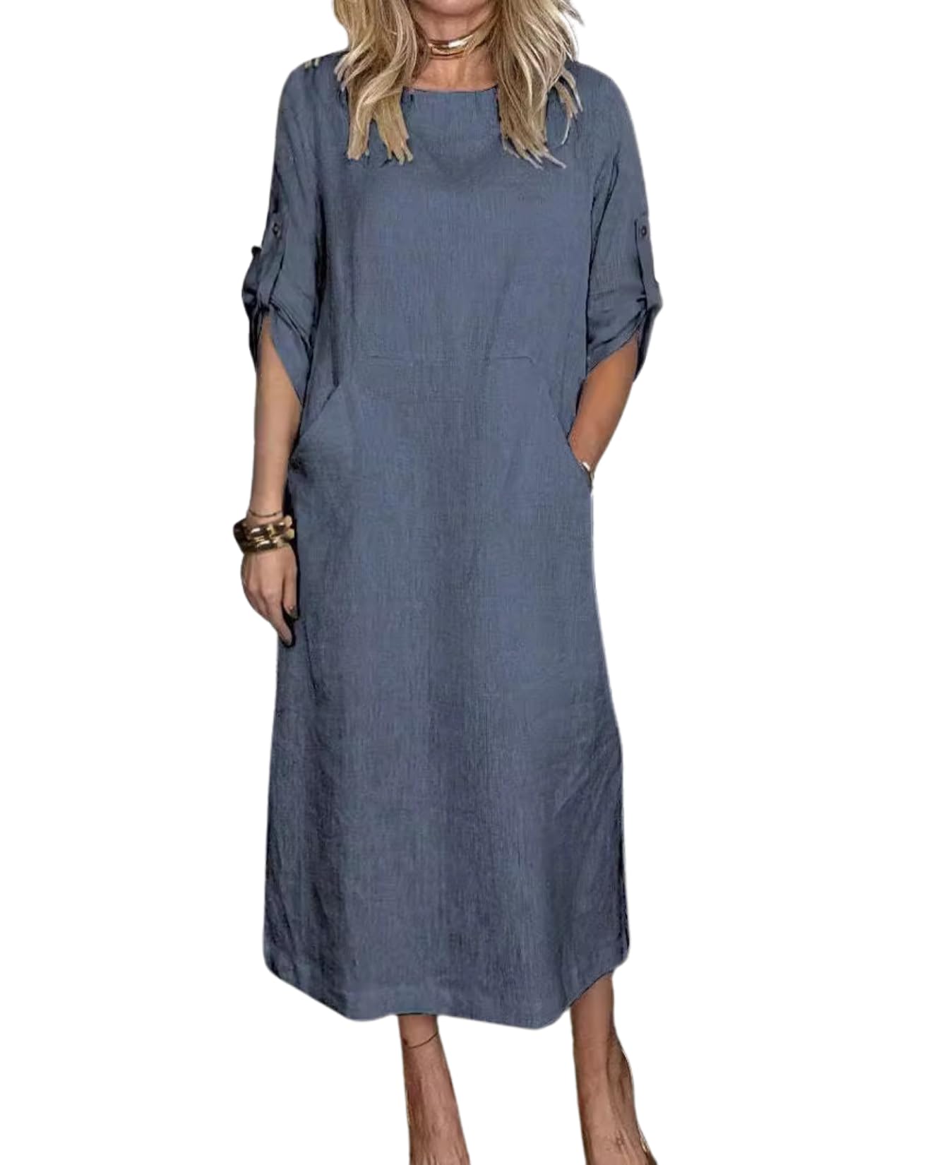 Cotton Maxi Dress for Womens Short Sleeve Crew Neck Boho Long Dresses Casual Loose Tunic Dress with Kangaroo Pockets
