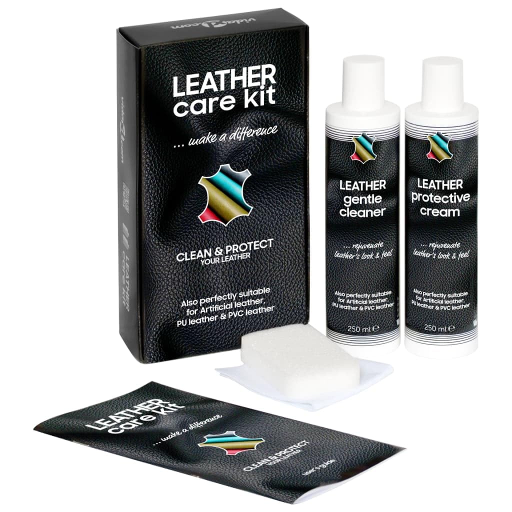Mangloder - Set per la cura della pelle, 2 x 250 ml, con liquido detergente e liquido protettivo, per pelle liscia e ecopelle PVC, spugna e panno inclusi