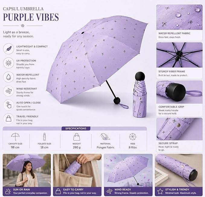 Image of Ozoy umbrella for women,Travel - Mini Folding Compact with Case, 6 Ribs Lightweight Portable Small Sun&Rain Pocket Umbrella for Girls and Women