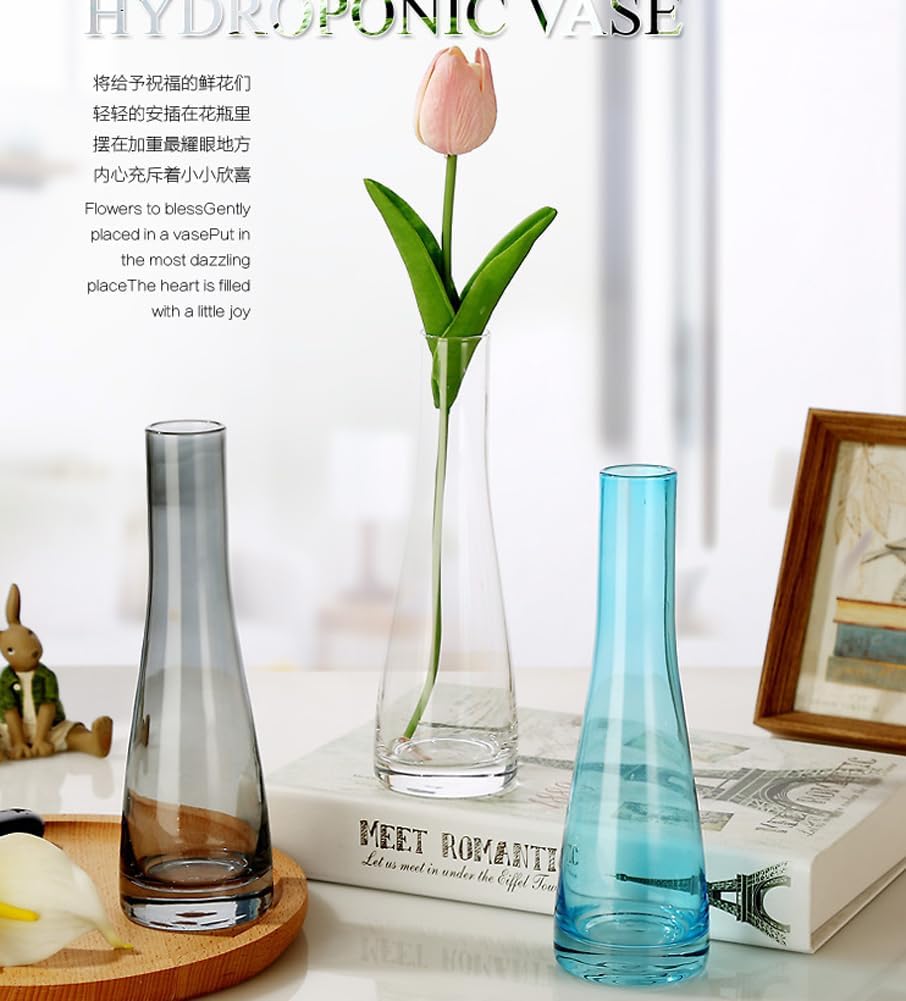 Handmade Blown Glass Art Bud Vase Clear Small Decorative Flower Vase Single Stem Vase Bottle for Centerpieces Wedding Party Home Table Decor (Blue) - Image 4