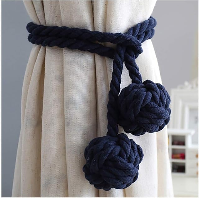 One Pair Of Handmade Curtain Tie Backs, Tied Curtain Clip Tassel Cotton Rope Tie Ball Back Curtain Accessories (Dark blue)