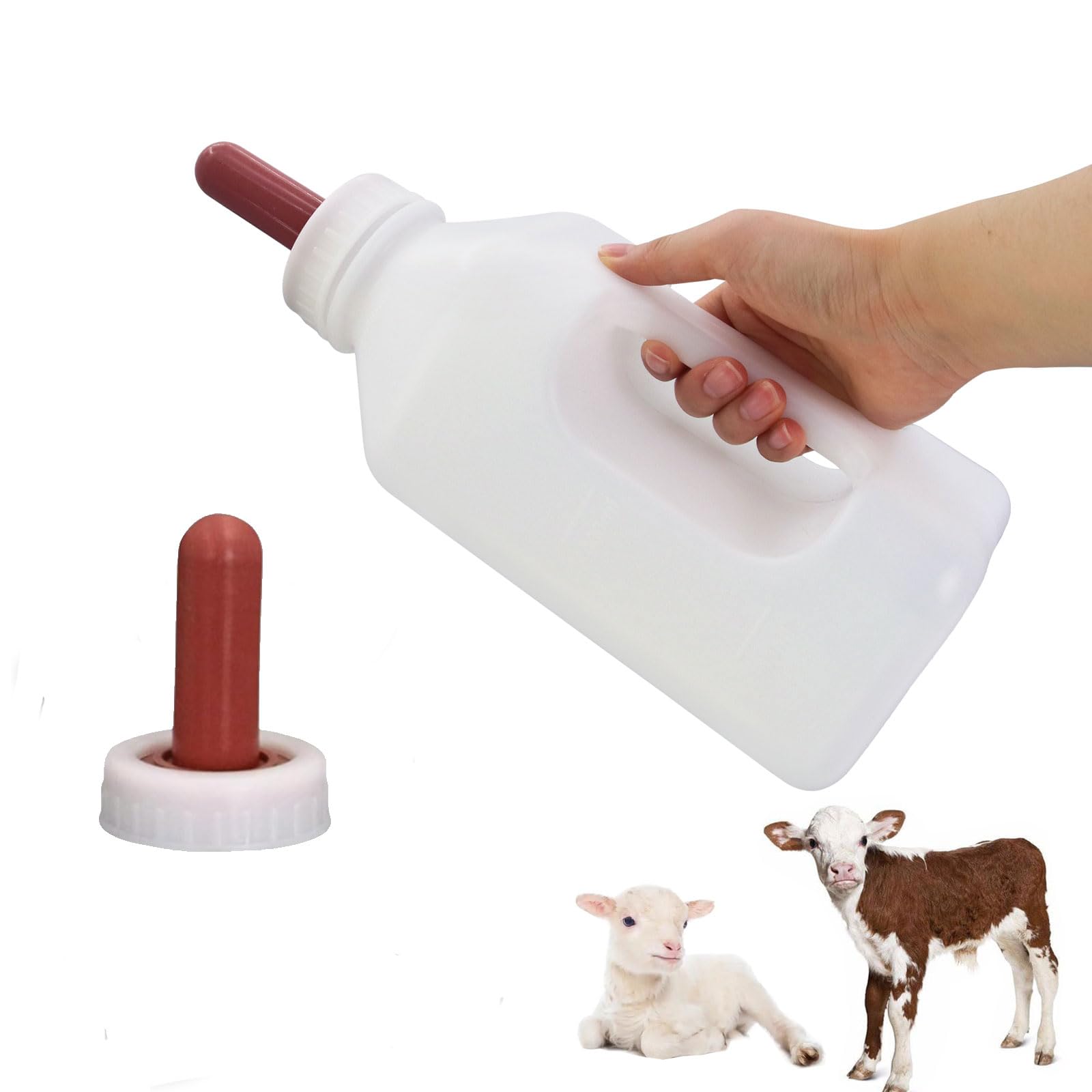 Calf Bottle with Hand Grip Handle and a Replacement Nipple,2 Quart Calf Milk Feeder Nursing Feeding Bottle (Red, Calf Bottle with Screw Nipple)