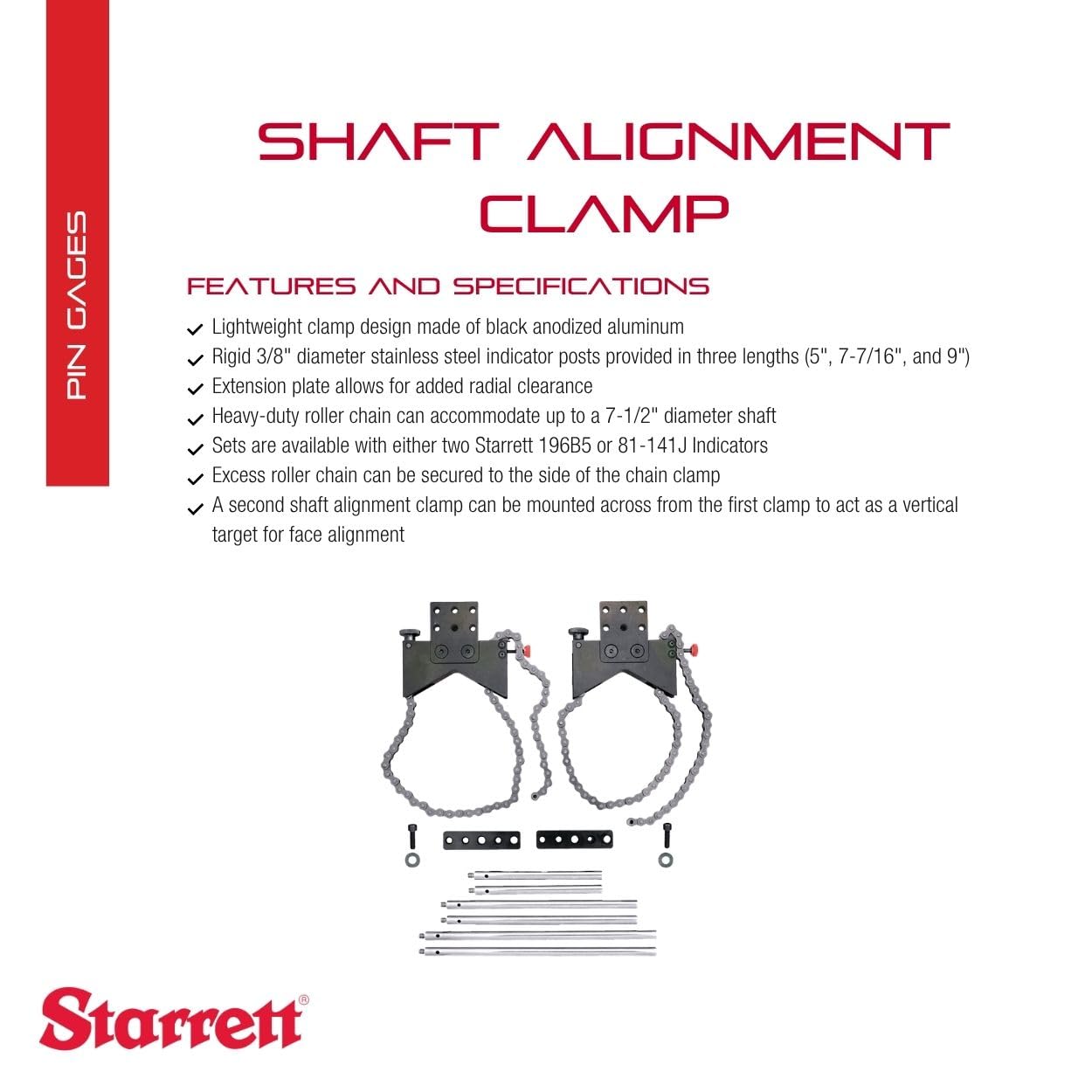 Starrett Shaft Alignment Clamp Set - 3/8" Diameter, 5", 7-7/16", and 9" Posts with Fitted Case - Includes 2 Chain Clamps, 2 Extension Plate, 3 Posts - S668BZ