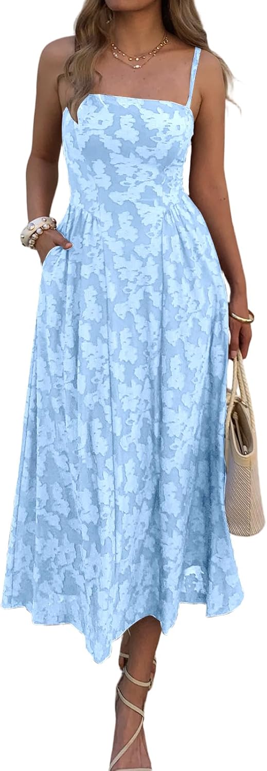 Women's Boho Summer Maxi Dress with Pockets Casual Floral Spaghetti Strap Flowy Long Dresses Beach Sundress