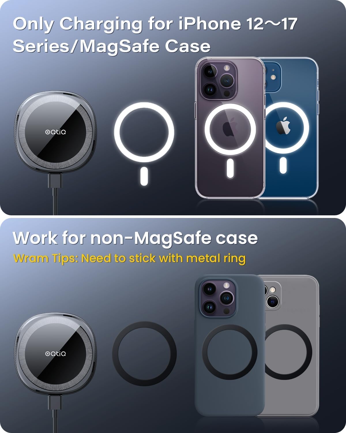 OQTIQ Soporte magnético inalámbrico para Cargador de Coche para MagSafe Soporte de teléfono de Coche, Carga rápida Ajustable con Ventilador de refrigeración Compatible con iPhone 14, 13, 12 Pro MAX