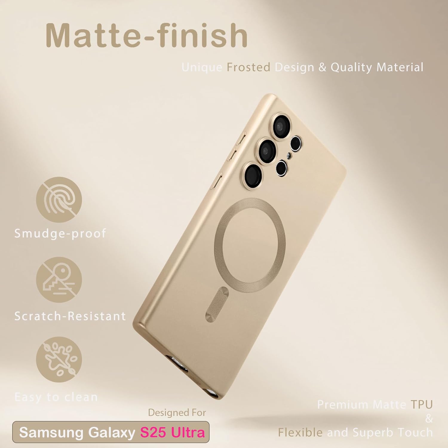 Magnetic for Samsung Galaxy S25 Ultra Case for Women Men Girls [Compatible with MagSafe] [Camera Lens Protector] Matte Cute Slim Soft Silicone Bumper Shockproof Metallic Phone Case, Gold - Image 2