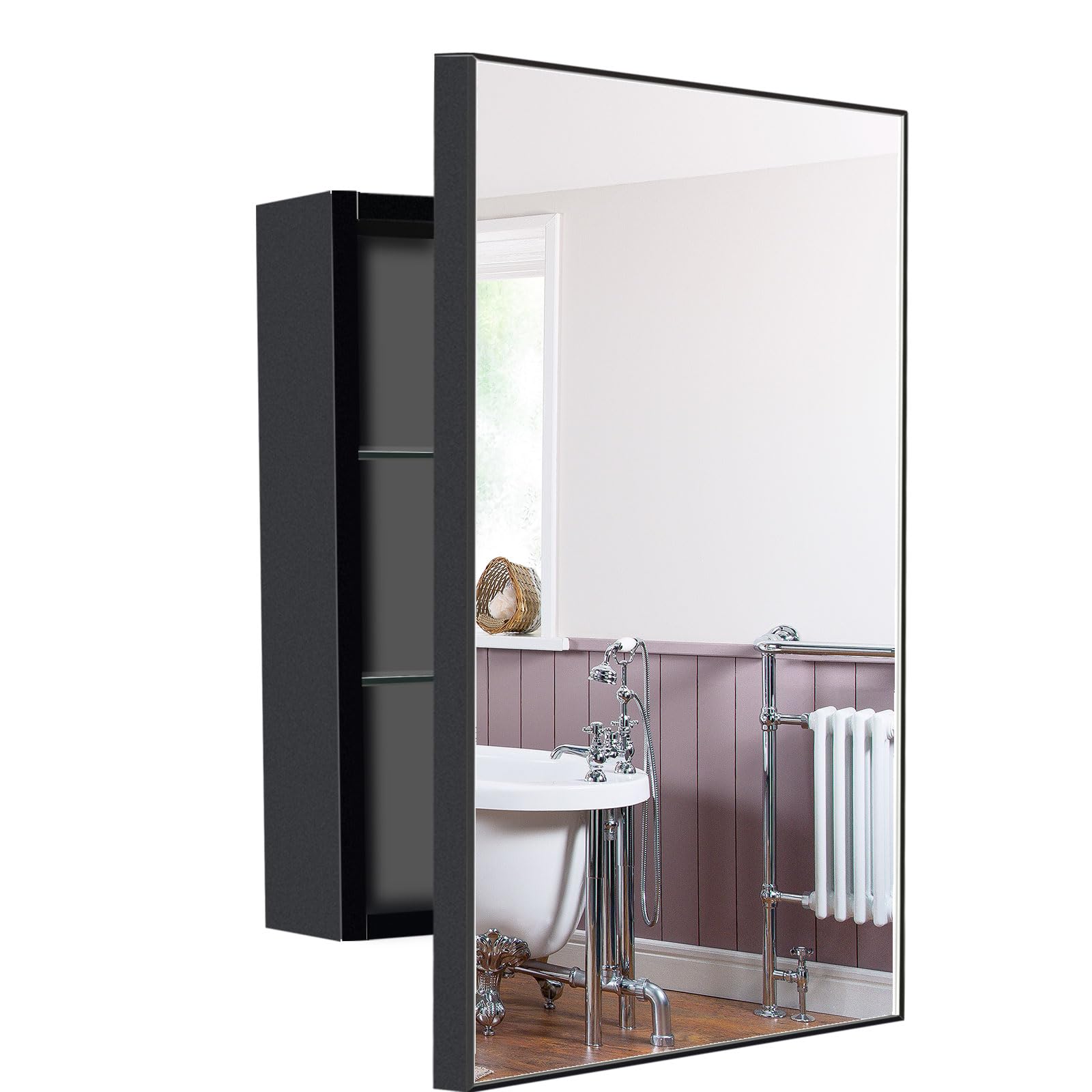 Photo 1 of 20" x 28" Black Bathroom Medicine Cabinet with Mirror, Recessed Rectangle Bathroom Medicine Cabinet with Stainless Steel Framed, Wall Mount Storage Cabinet for bathroom | 2 Adjustable Glass Shelves Black 20" W x 28" H