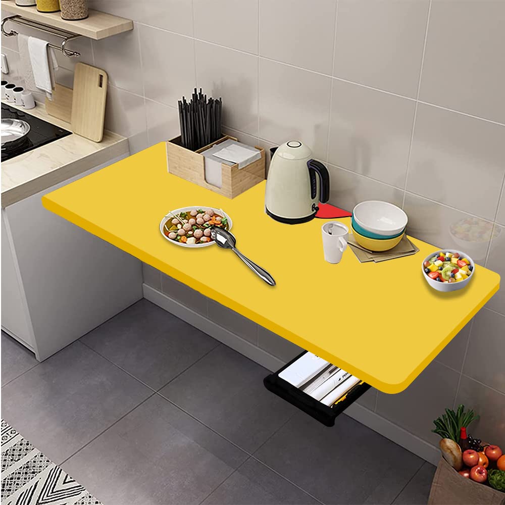 QARA 24X31 Inches Wood Wall Mounted Round Corner Folding Wall Study Table| Wall Mount Table With Drawer | Foldable Laptop Desk, Bright Yellow