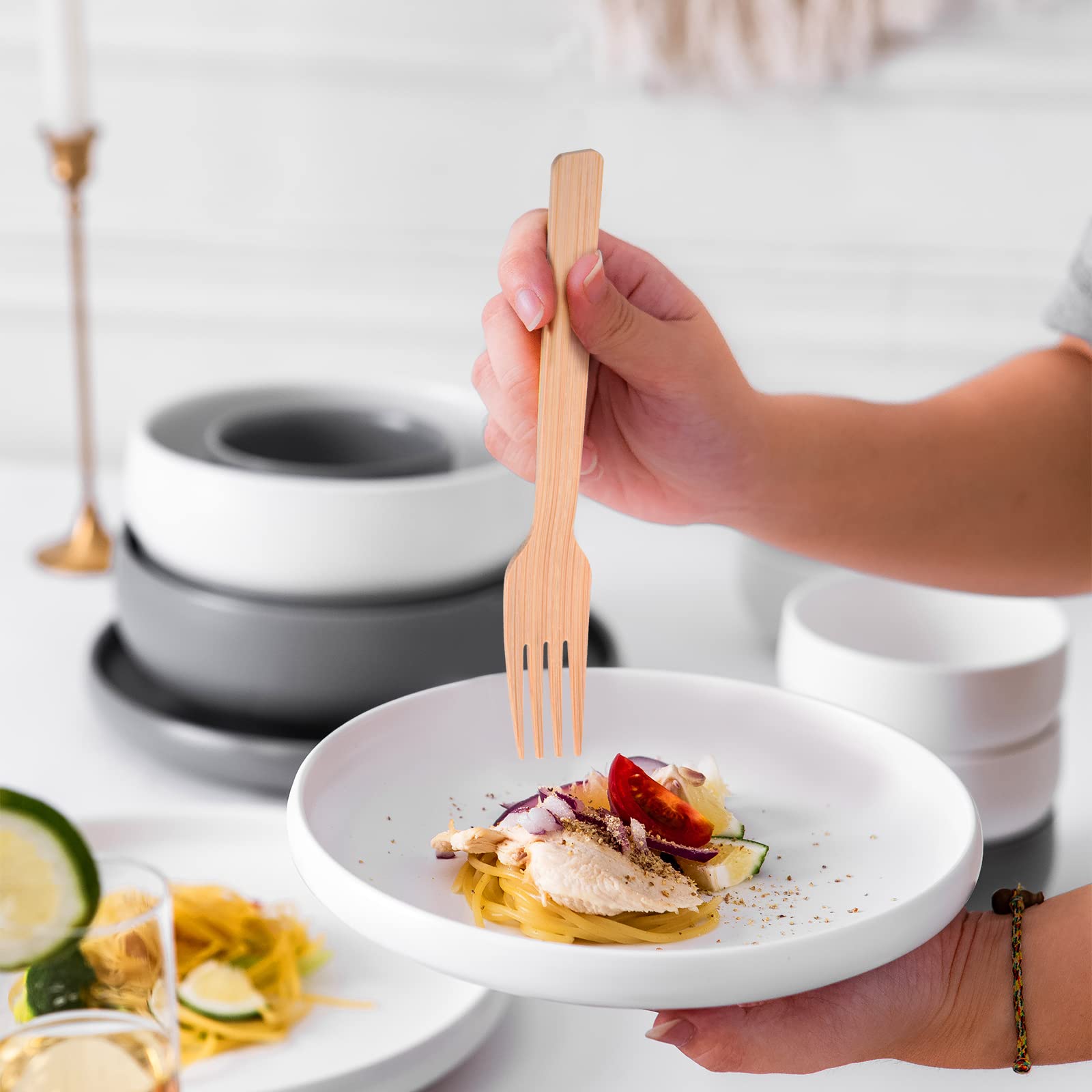 200 Stck Einweg-Bambus-Utensilien  100 % umweltfreundliches Bambus-Besteck-Set  mit 100 Gabeln, 50 Lffeln und 50 Messern  perfekt fr Hochzeiten und  Partys, recycelbares und kompostierbares Besteck : Amazon.de: Kche,  Haushalt & Wohnen