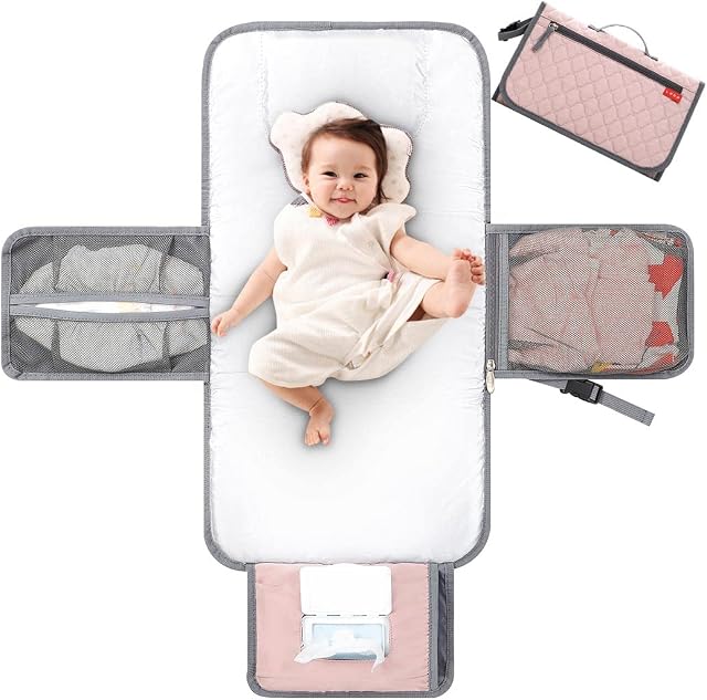 Lekebaby Portable Nappy Changing Mat Travel Baby Change Mat with Wipe-Pocket and Head Cushion, Diamond Quilting Pink