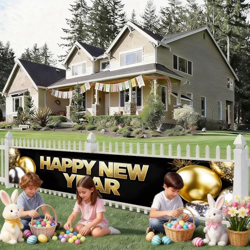 Image of Happy New Year Banner 78.7 x 17.7 Inch Gold and Silver Balloons Sparkling Confetti Design for Holiday Party Decoration Indoor Outdoor Wall Fence or Stage Background Celebration Display
