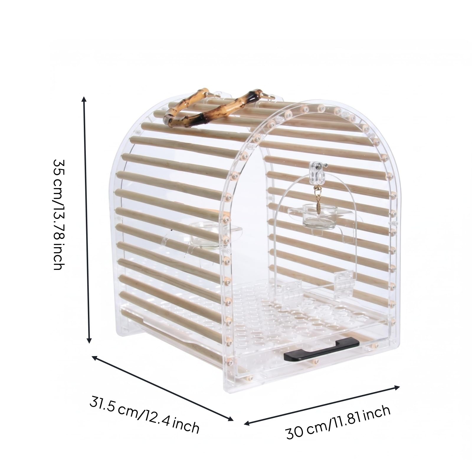 Jaula para Pájaros Portátil Jaula Transportín Aves Caja Acrílica Transparente con Asa de Bambú y Estructura Rígida con, Mediano, Cúpula