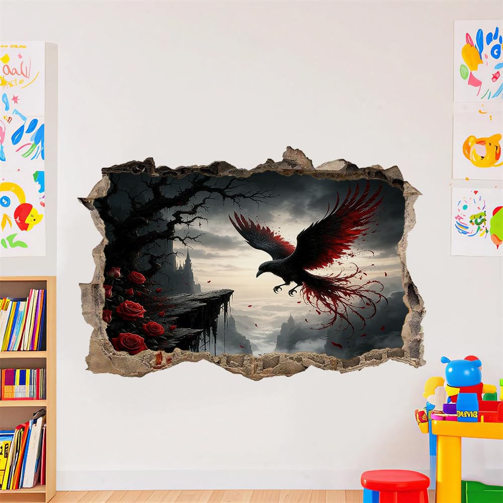 3D Durchbruch Wandtattoo Mädchen Kinderzimmer Krähe Wandaufkleber Dekorative Rote Rosen Wandsticker für Junge Teenager Zimmer Wohnzimmer Schlafzimmer Wandbilder Deko
