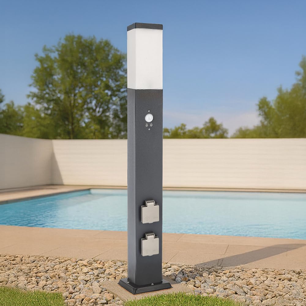 LED Universum Wegeleuchte mit 80cm Edelstahl Außenleuchte Stehleuchte Energiesäule Stromsäule Stromverteiler für den Garten Gartensteckdose (Anthrazit mit Bewegungsmelder und 2 Steckdosen)