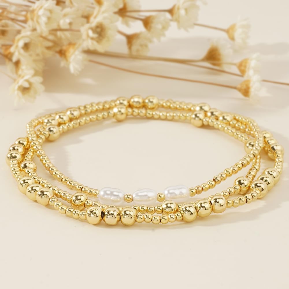Gold Beaded Pearl Bracelet Stack for Women, Bohemian Stretch Gold Plated Ball Beads Stackable Bracelets Set Trendy Prom Jewelry Accessories Gift Friendship - Image 4